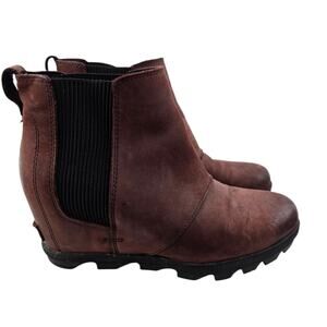 Sorel Ankle Boots Womens 9 Joan Of Artic Wedge II Chelsea Cognac Red Leather